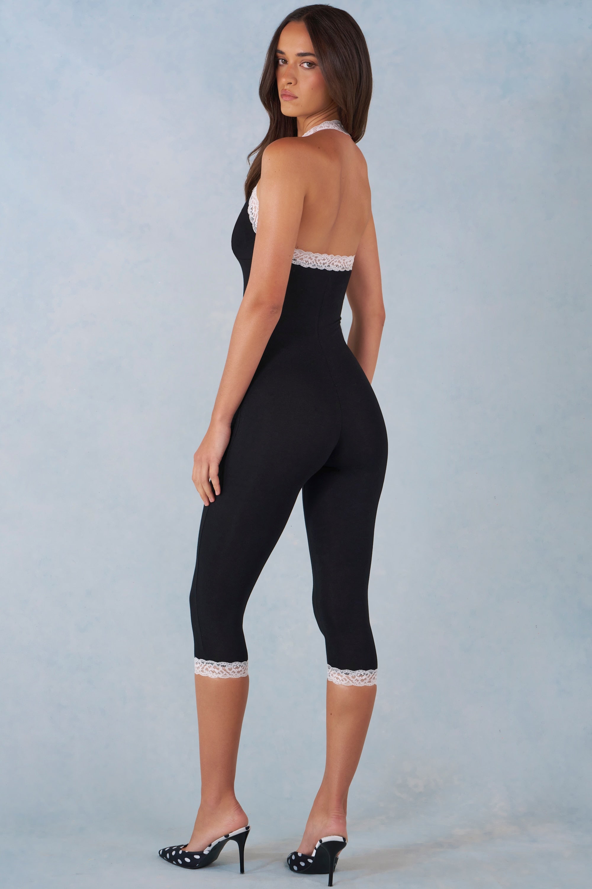 Modal Lace-Trim Capri Jumpsuit in Black