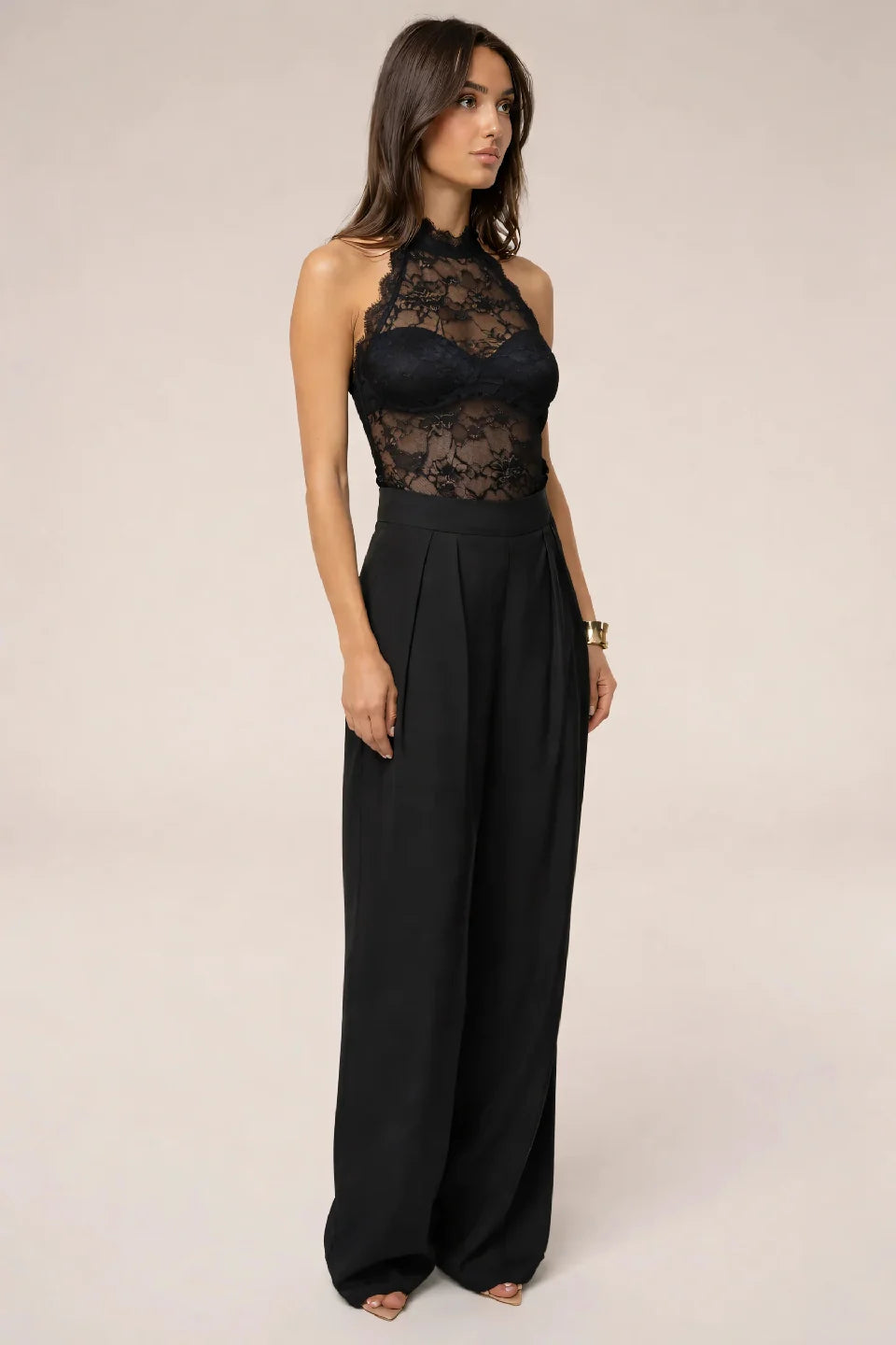 Black Halter Lace Cup Back Top