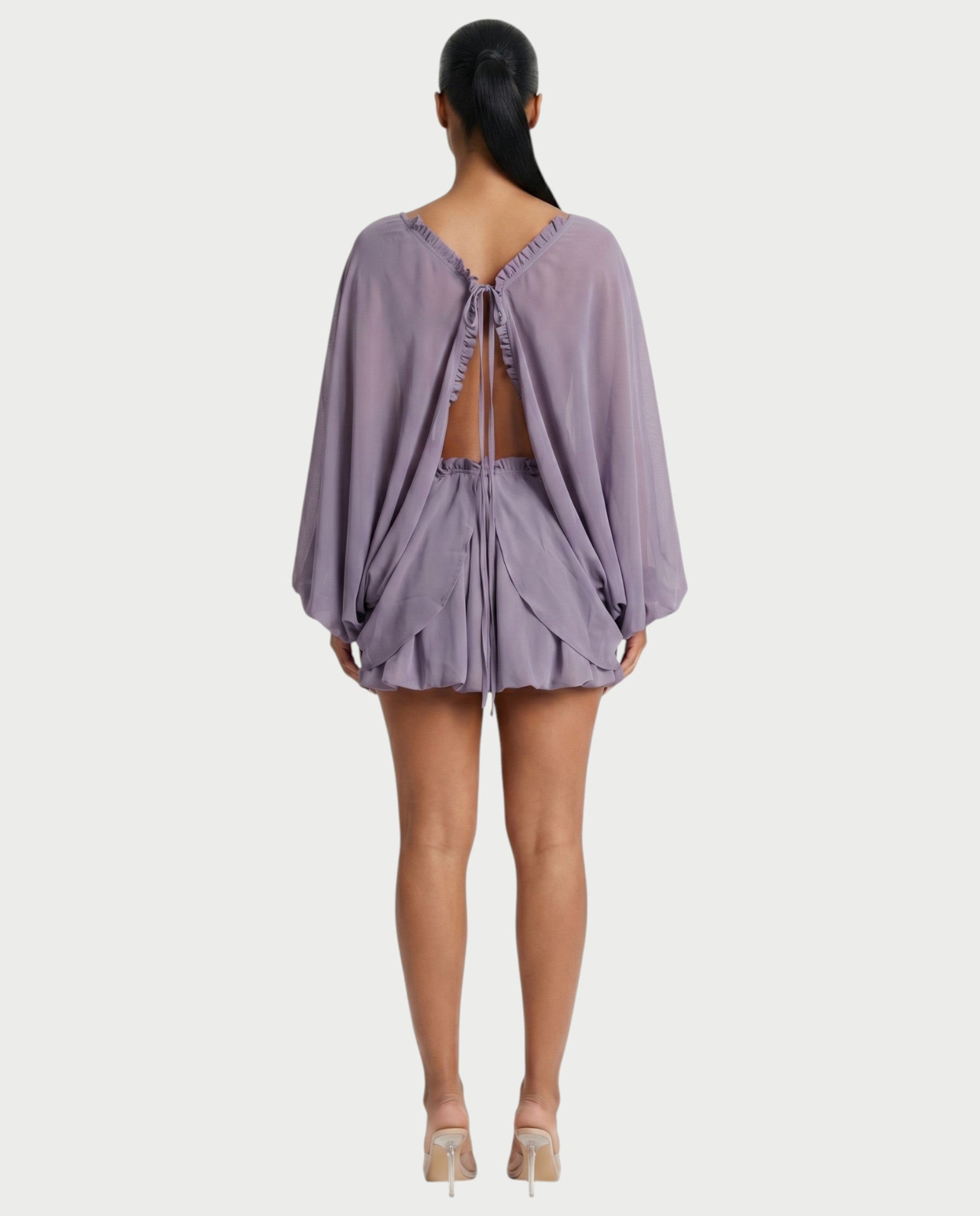 ERELA Mesh Open-Back Draped Balloon Sleeve Mini Dress