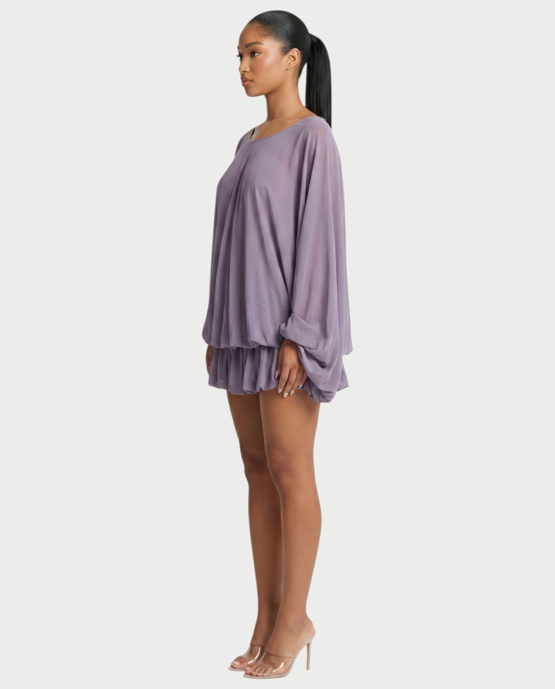 ERELA Mesh Open-Back Draped Balloon Sleeve Mini Dress