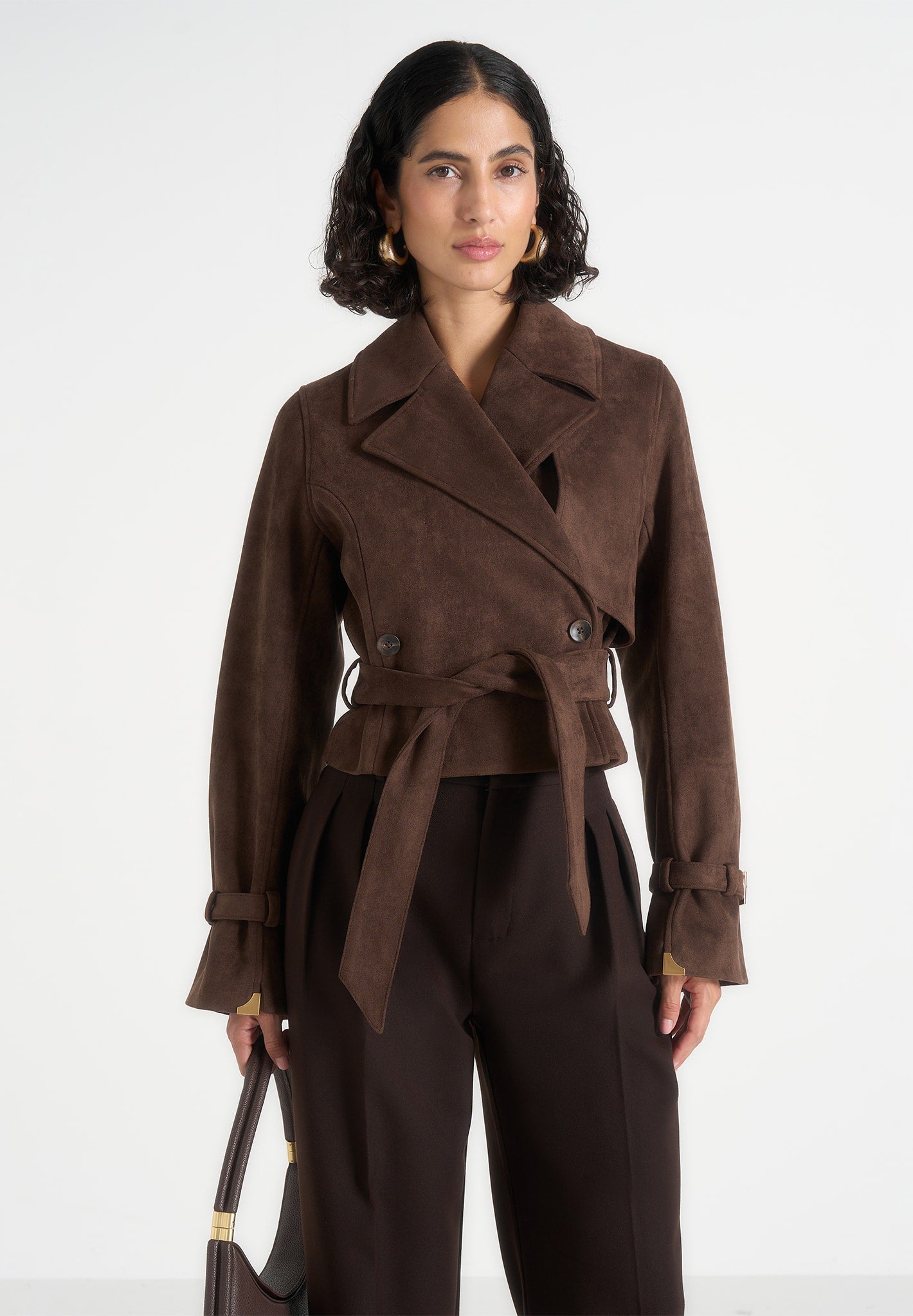 Poppy - Cropped Suede Belted Biker Jacket - Brown