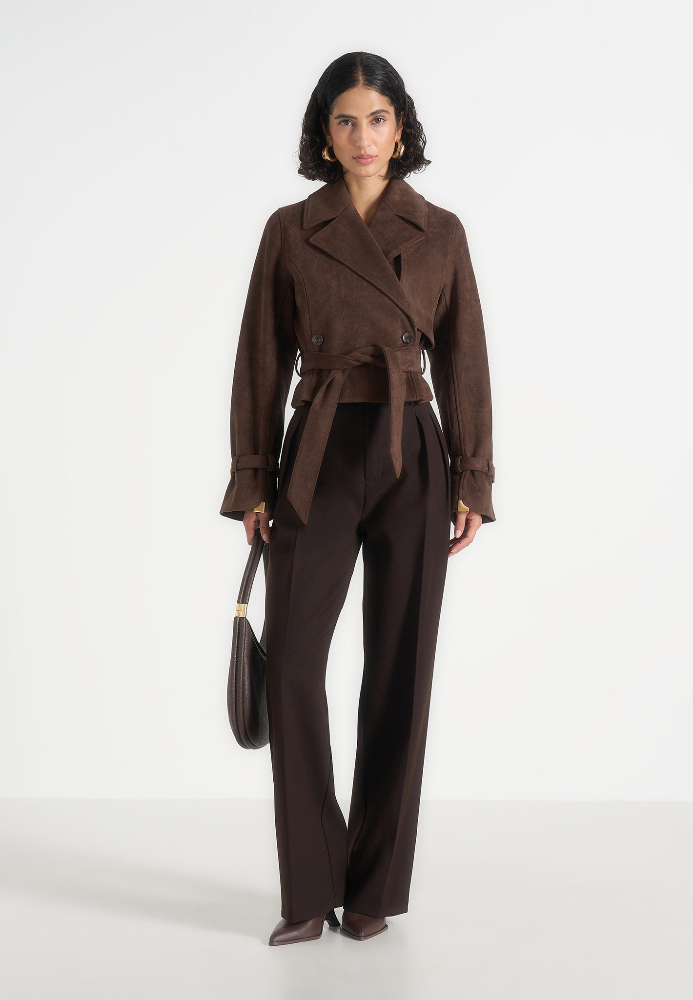 Poppy - Cropped Suede Belted Biker Jacket - Brown
