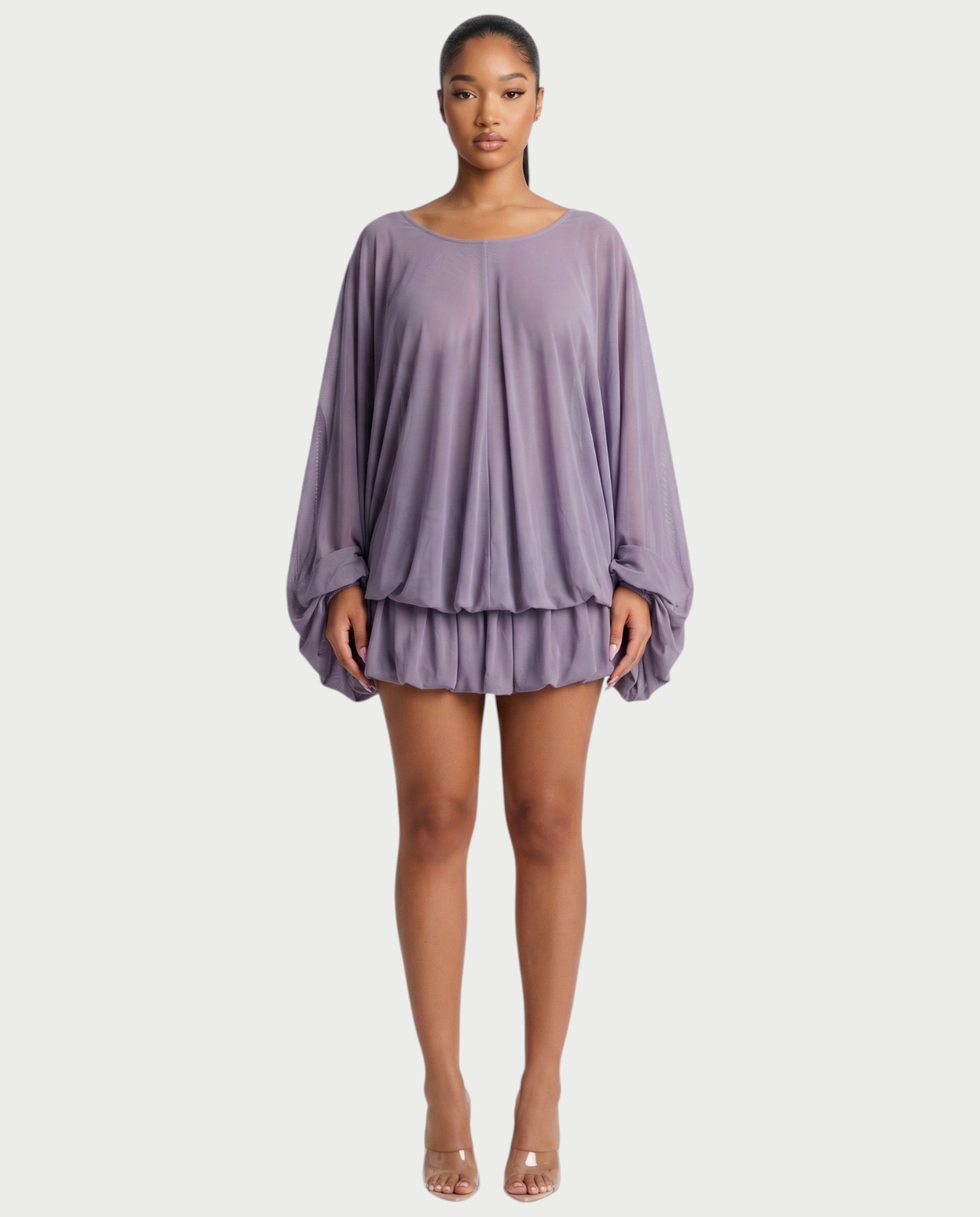 ERELA Mesh Open-Back Draped Balloon Sleeve Mini Dress
