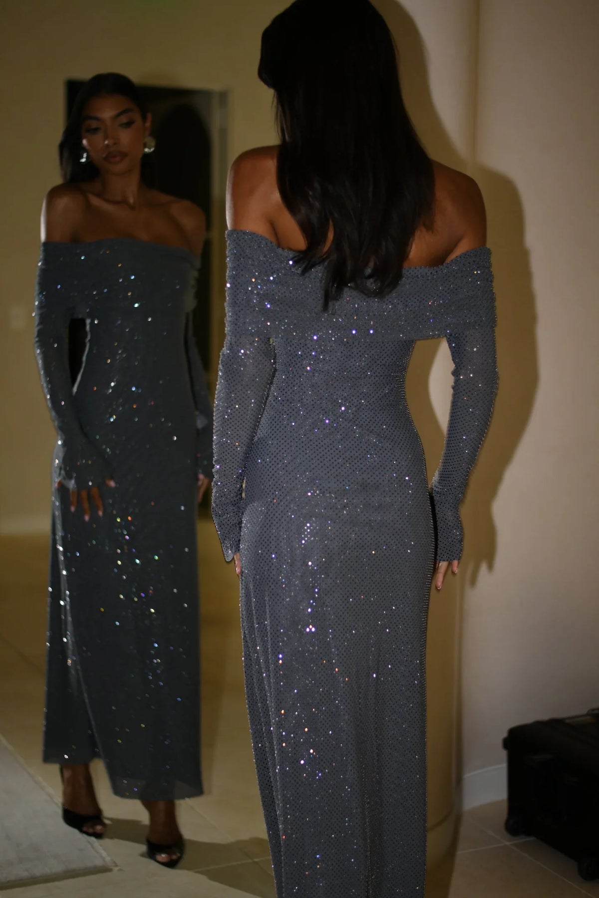 Off Shoulder Diamante Maxi Dress
