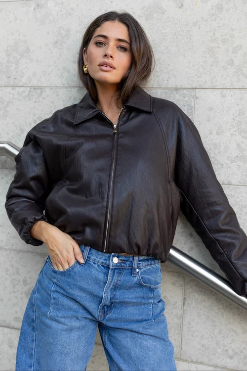 PU Leather Zip Bomber Jacket