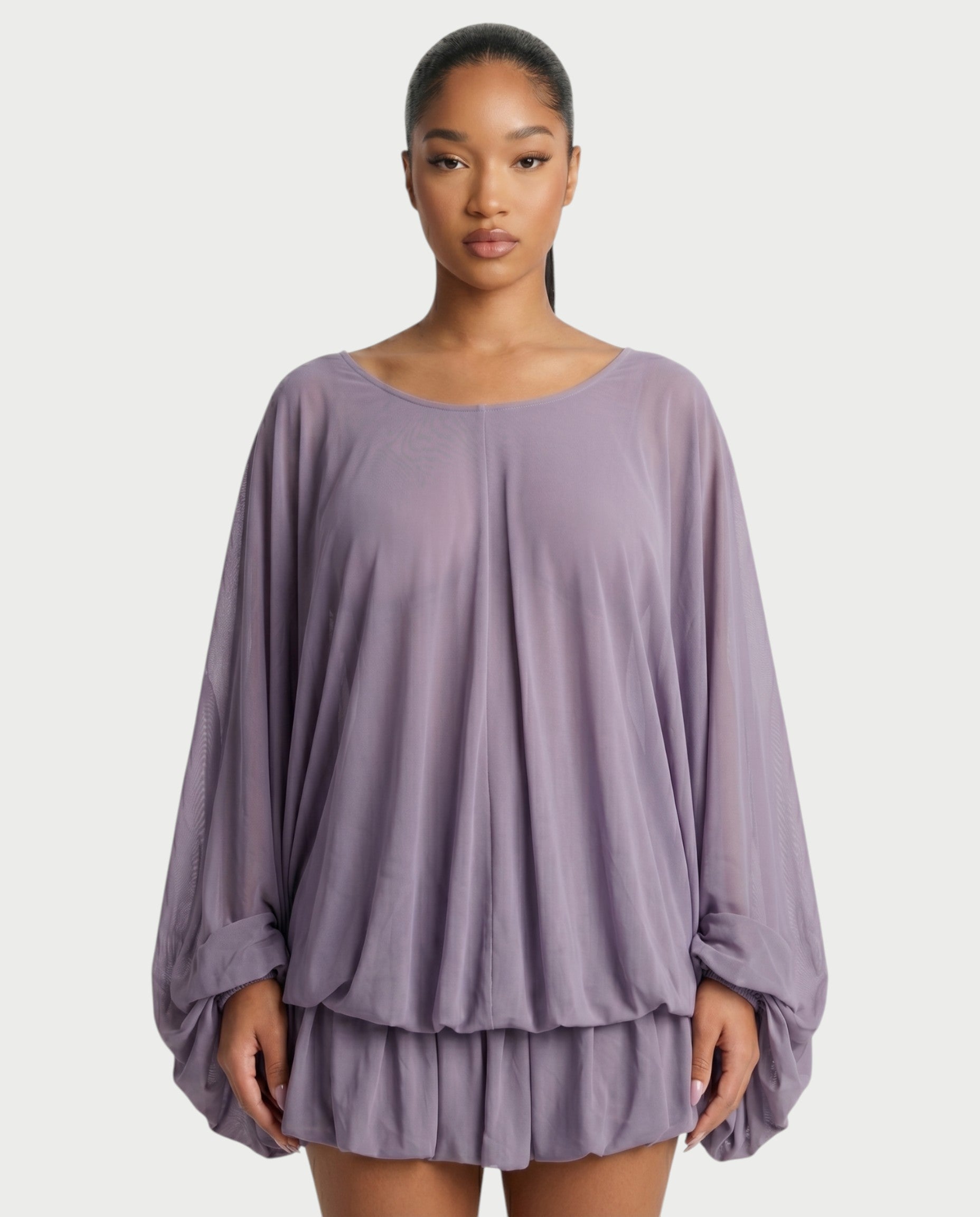 ERELA Mesh Open-Back Draped Balloon Sleeve Mini Dress