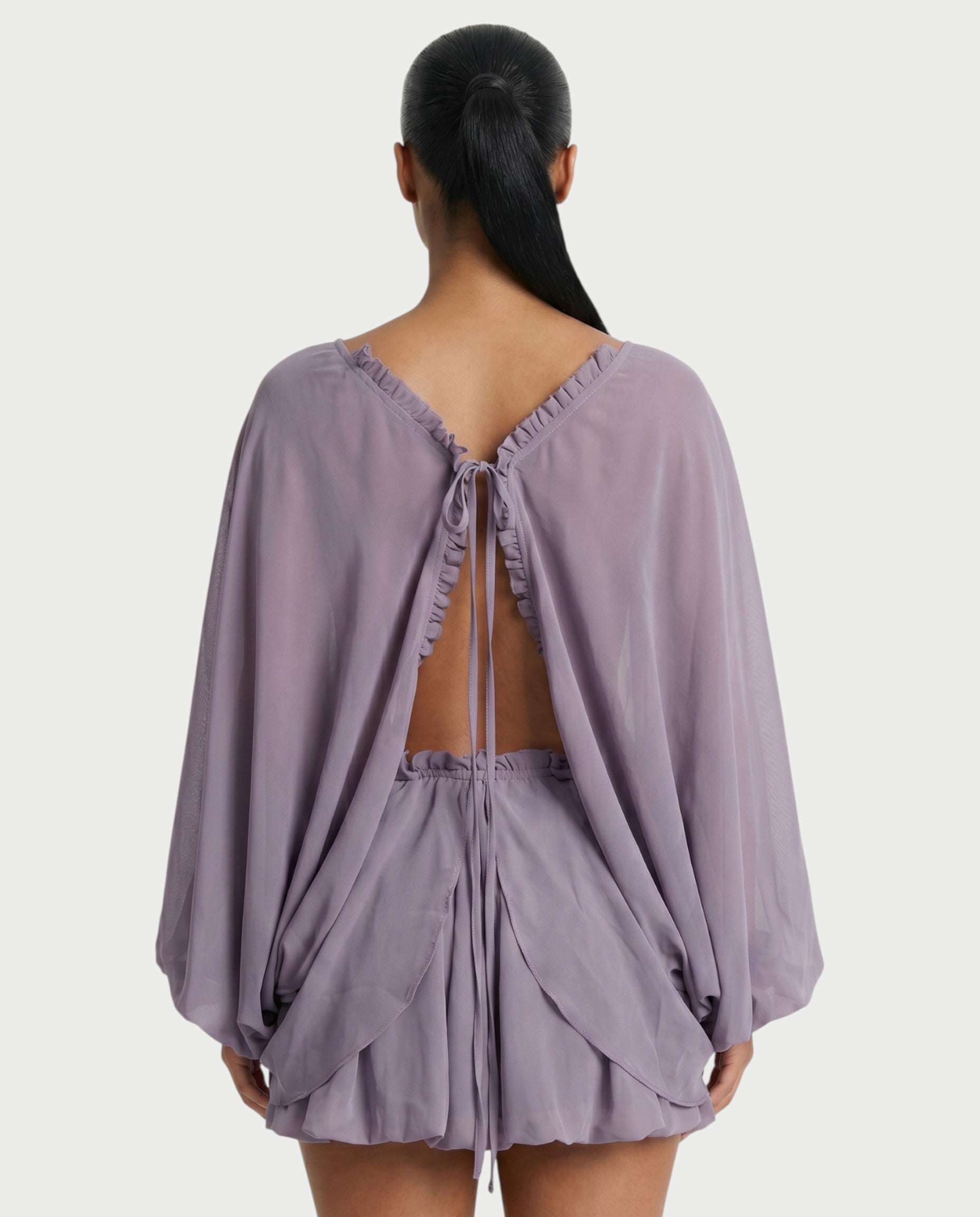 ERELA Mesh Open-Back Draped Balloon Sleeve Mini Dress