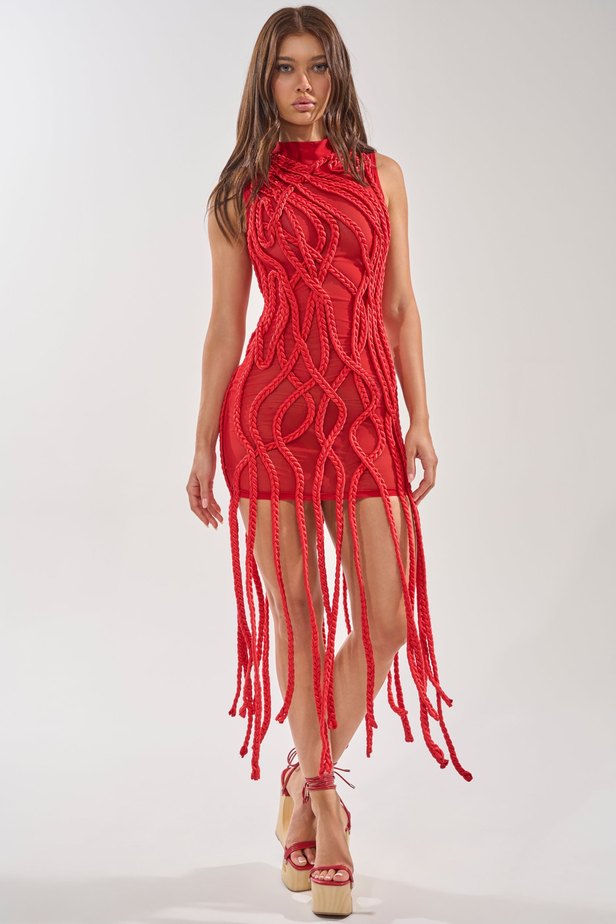 STUCK ON YOU BRAIDED MINI DRESS IN RED