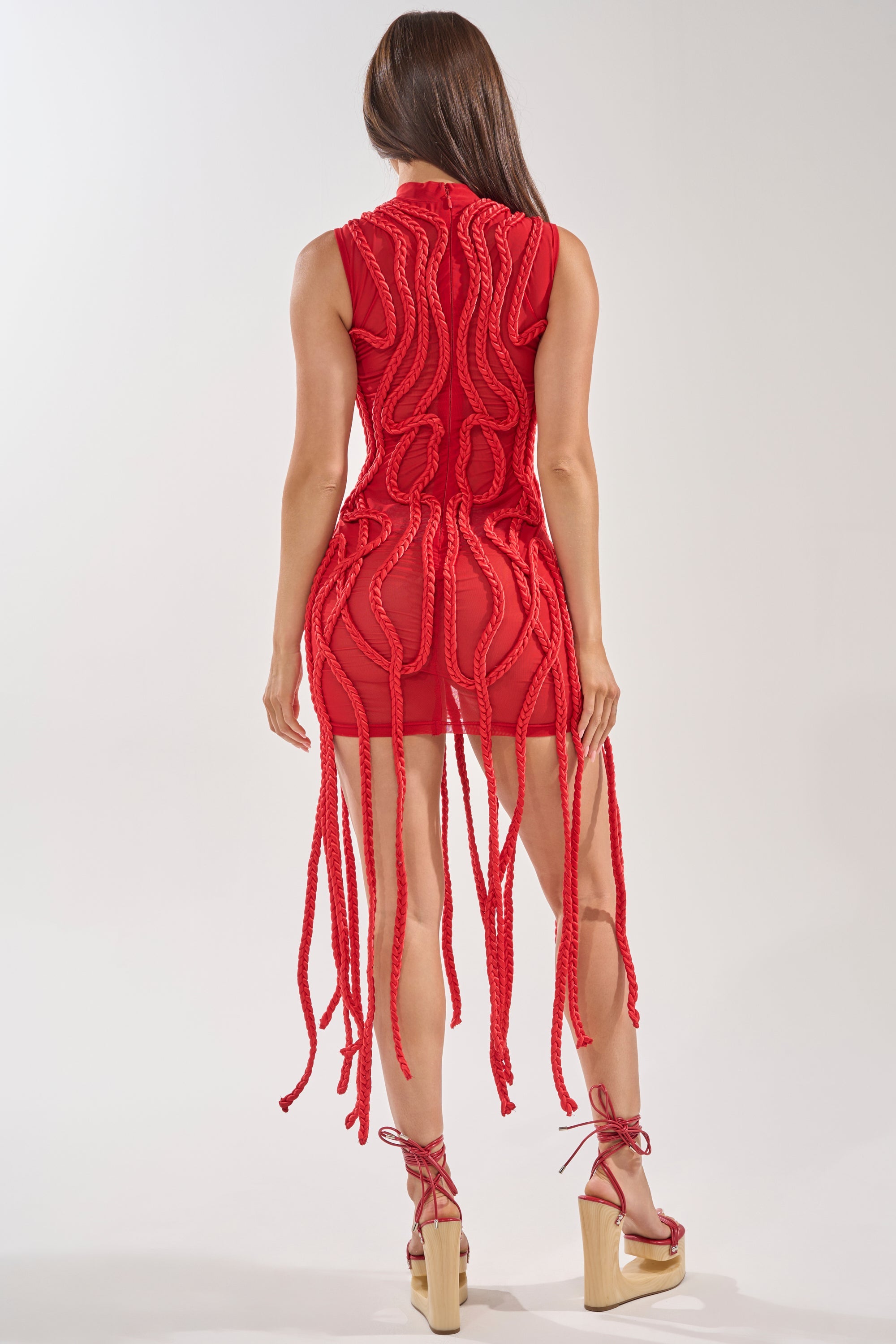 STUCK ON YOU BRAIDED MINI DRESS IN RED