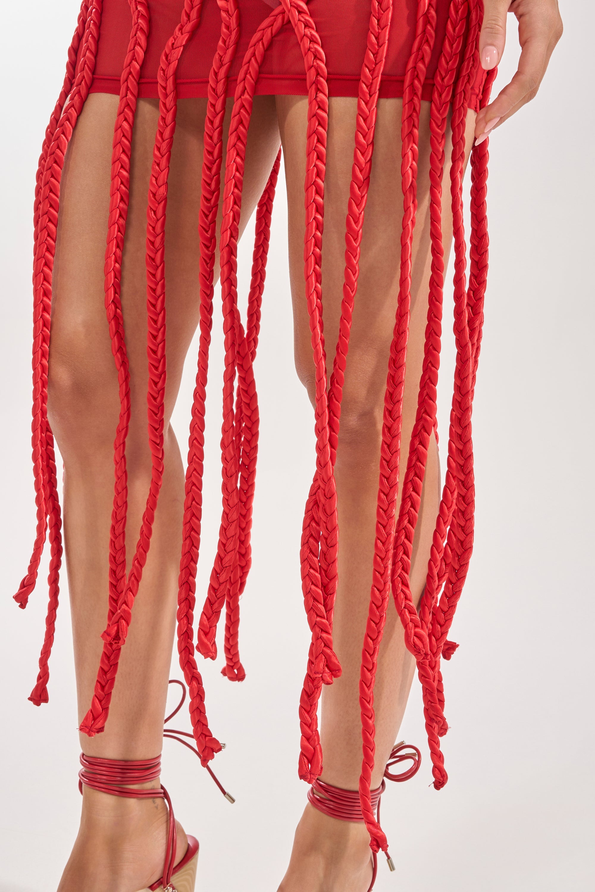 STUCK ON YOU BRAIDED MINI DRESS IN RED