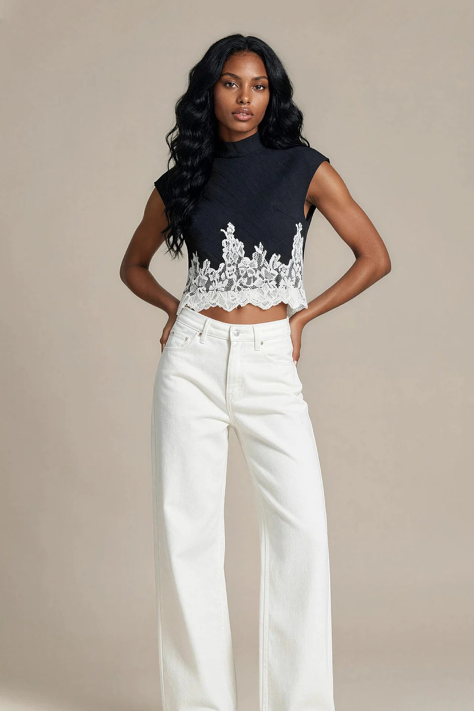 Navy Lace Trim Blouse